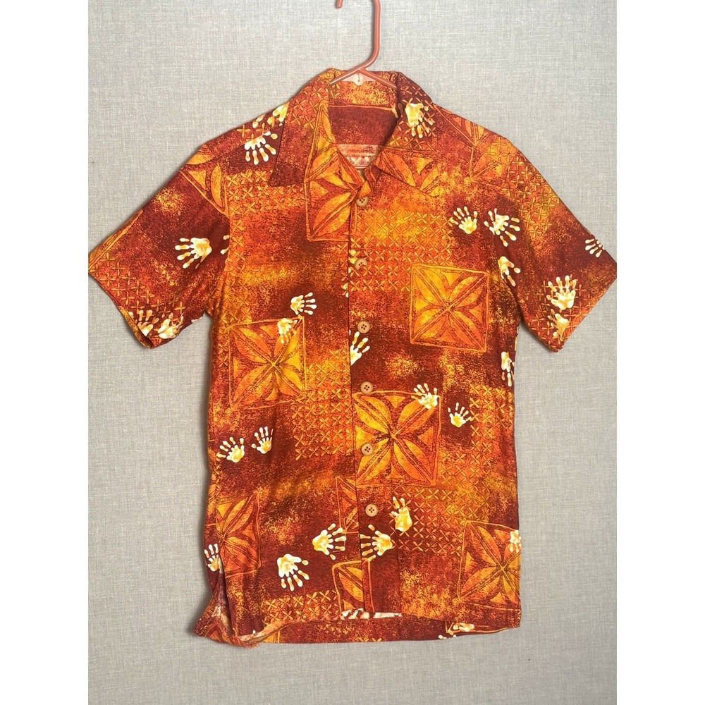 Vintage Orange Hawaiian Shirt Size Medium‎ Tiki Luau Men's 38 Chest Button Up